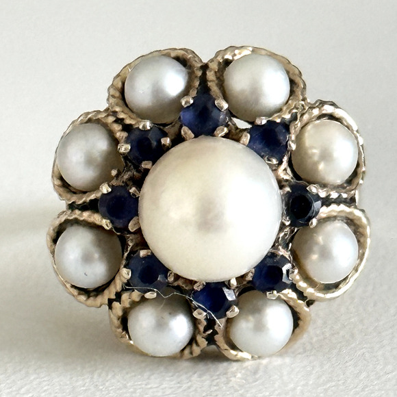 Vintage 14K Yellow Gold Pearl & Sapphire Ladies Statement Band Ring Size 5.75